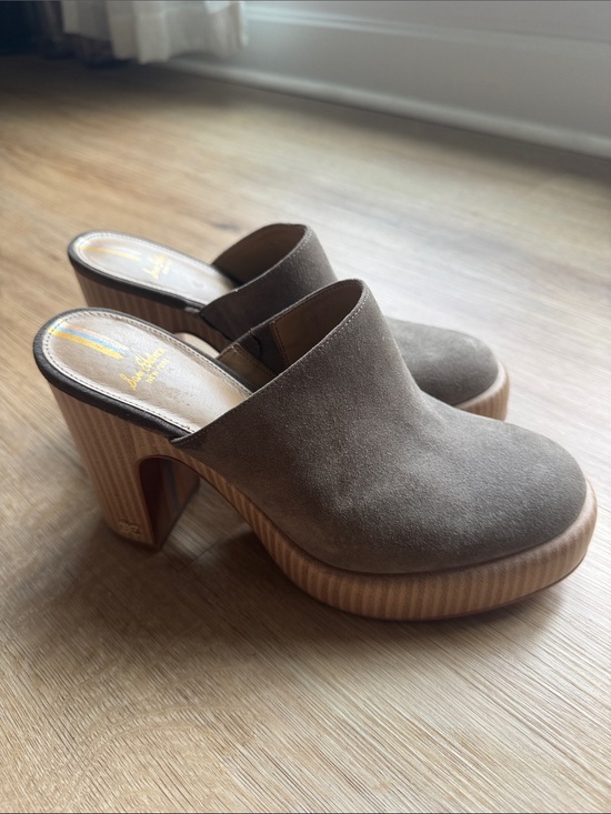 Sam Edelman Shoes - Sam Edelman Taupe Suede Platform Mules with Wood-Look Heel